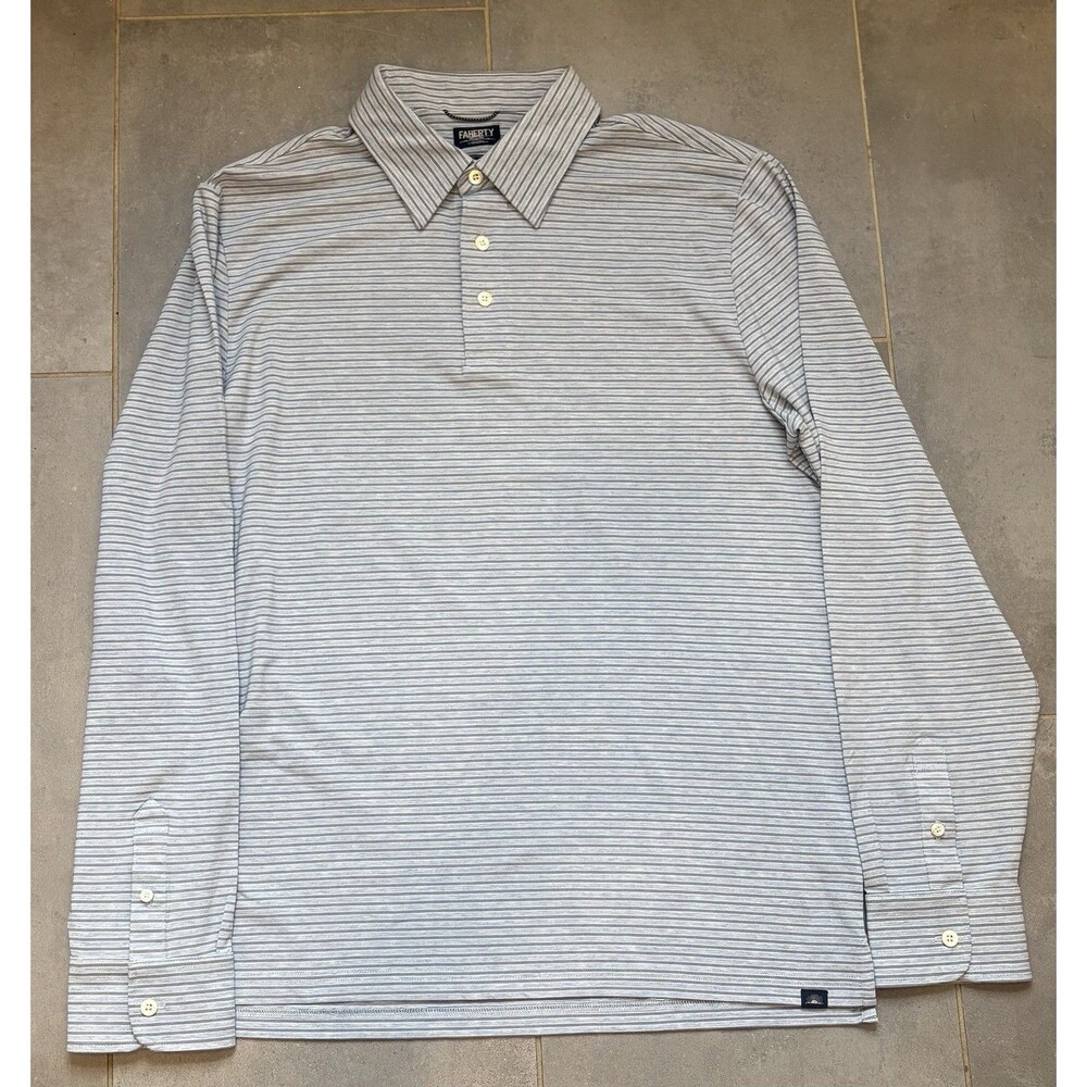 Faherty Reserve The Movement Polo Shirt Men Size M Blue Striped Long Sleeve